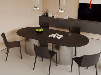 Modern Dining Table Set With Oval Table Black Chairs Pendant Lights And Fruit Bowl 3d model