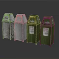 Various Colored Metal Trash Bins with Instructional Labels for Waste Disposal