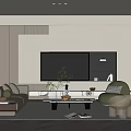 Modern Living Room Interior Design With White Sofa Green Armchair And TV Wall