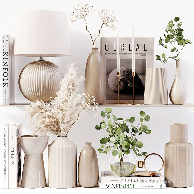 Elegant Decorative Ornament Set With Vases Green Plants and Books in Minimalist Style 3d model 