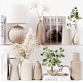 Elegant Decorative Ornament Set With Vases Green Plants and Books in Minimalist Style