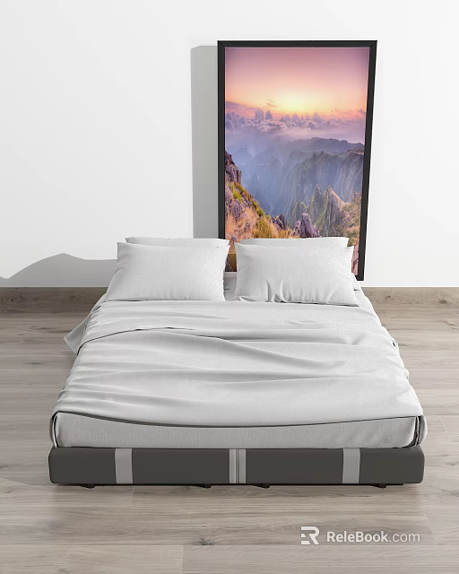 Modern Double Bed With White Pillows And Mountain Scenery Painting On Wooden Floor 3d model 