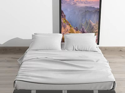 Modern Double Bed With White Pillows And Mountain Scenery Painting On Wooden Floor 3d model