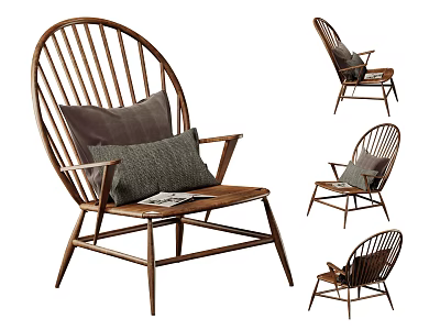 Wooden Accent Chair With Curved Backrest Gray Cushion And Multiple Angles View 3d model