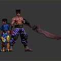 Tall Red Skinned Character With Giant Sword And Blue Robed Figure With Small Yellow Creature