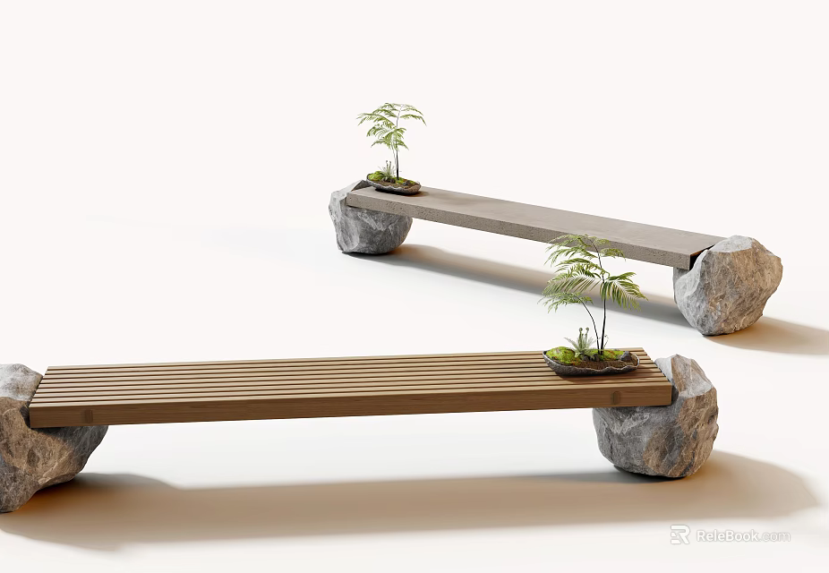 Landscape Benches with Wooden Slats and Stone Supports Featuring Small Potted Plants 3d model 