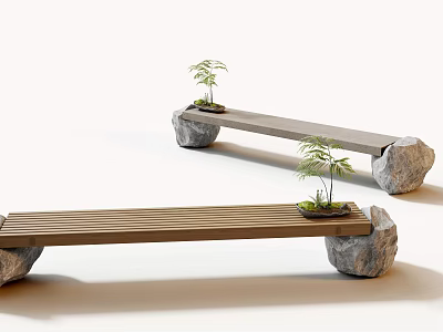 Landscape Benches with Wooden Slats and Stone Supports Featuring Small Potted Plants 3d model
