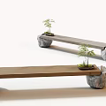 Landscape Benches with Wooden Slats and Stone Supports Featuring Small Potted Plants