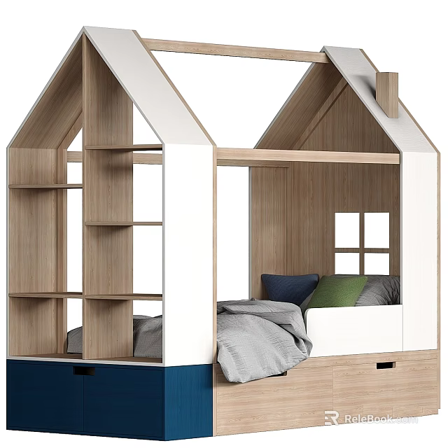 House Shaped Wooden Kids Bed With Built In Bookshelves And Storage Drawers 3d model 
