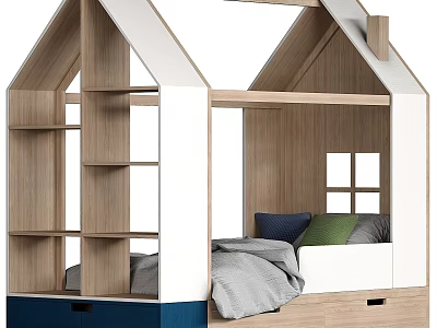 House Shaped Wooden Kids Bed With Built In Bookshelves And Storage Drawers 3d model