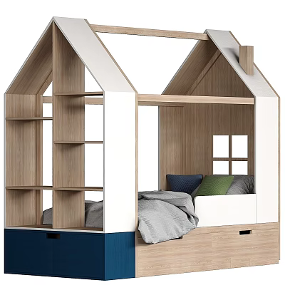 House Shaped Wooden Kids Bed With Built In Bookshelves And Storage Drawers 3d model