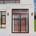 Elegant Entrance Door With Copper Frame Glass Window Wall Lamp And White Building Wall