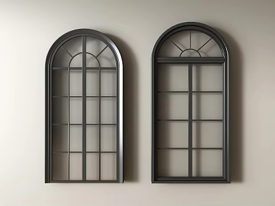 Casement Windows With Black Frames Arched Tops And Grid Designs On Light Background 3d model