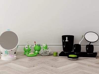 Cute Green And Black Bathroom Accessories With White Mirror And Toothbrush Holders 3d model
