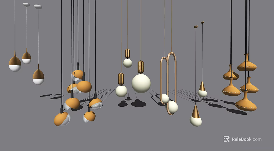 Contemporary Pendant Lights Design Collection With Spherical Shapes Gold Accents And Orange Details 3d model 