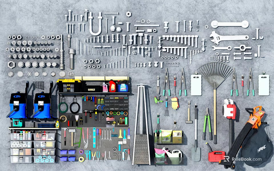 Assorted Hardware Tools Collection Featuring Screwdrivers Wrenches Drills Hammers Pliers And Garden Tools 3d model 