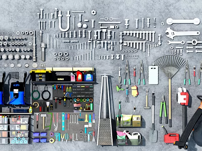Assorted Hardware Tools Collection Featuring Screwdrivers Wrenches Drills Hammers Pliers And Garden Tools 3d model