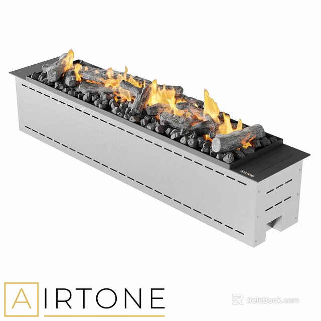 Modern Linear Fireplace Design With Burning Flames And Black Stones 3d model 