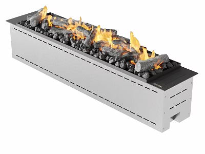 Modern Linear Fireplace Design With Burning Flames And Black Stones 3d model
