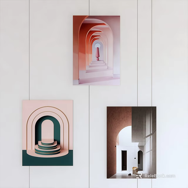 Modern Minimalist Canvas Wall Art with Arch Designs and Colorful Step Patterns 3d model