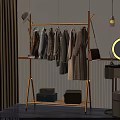 Golden Clothes Rack In Dressing Room Interior Hanging Coats Sweaters With Handbag And Storage Boxes