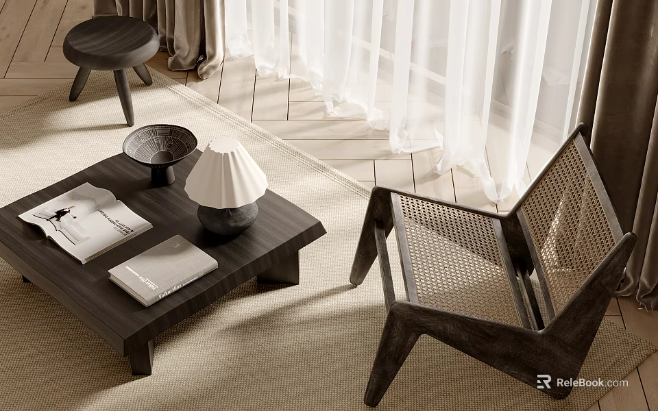 Modern Woven Leisure Chair With Coffee Table And White Curtains On Wooden Floor 3d model 