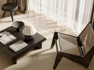 Modern Woven Leisure Chair With Coffee Table And White Curtains On Wooden Floor 3d model