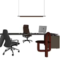 Modern Office Desk Setup With Leather Chair Computer Monitor Desk Lamp And Pendant Light