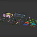 Toy Scene Construction Components With Soccer Goalposts Cues Green Bases And Colorful Tables