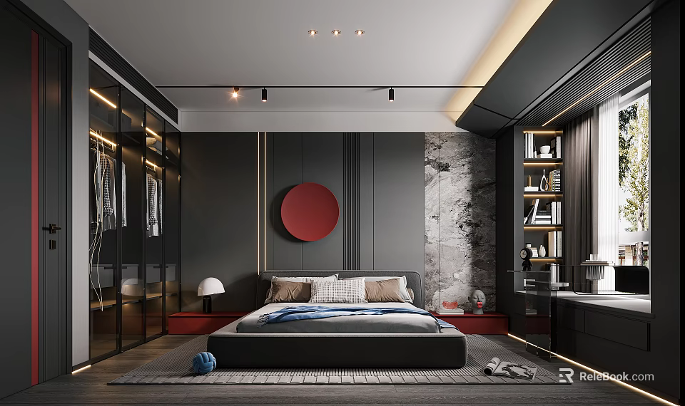 Elegant Modern Bedroom With Gray Walls Red Circular Decor Open Closet And Marble Texture Wall 3d model 