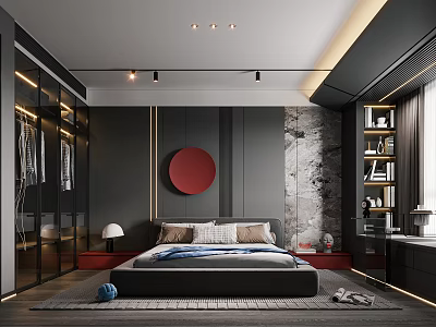Elegant Modern Bedroom With Gray Walls Red Circular Decor Open Closet And Marble Texture Wall 3d model