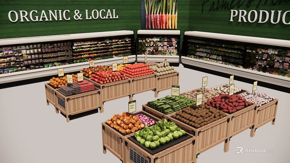 Fresh Organic Local Farmers Produce Display With Colorful Vegetables And Fruits In Market 3d model 