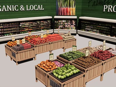 Fresh Organic Local Farmers Produce Display With Colorful Vegetables And Fruits In Market 3d model