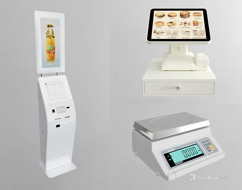Commercial Equipment Including Self Service Kiosk Cash Register And Electronic Scale 3d model 