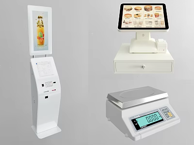 Commercial Equipment Including Self Service Kiosk Cash Register And Electronic Scale 3d model
