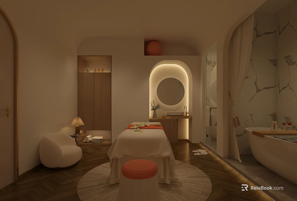 Modern SPA Sauna Interior With Massage Bed Bathtub Round Mirror And Soft Lighting 3d model 