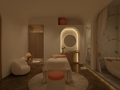 Modern SPA Sauna Interior With Massage Bed Bathtub Round Mirror And Soft Lighting 3d model