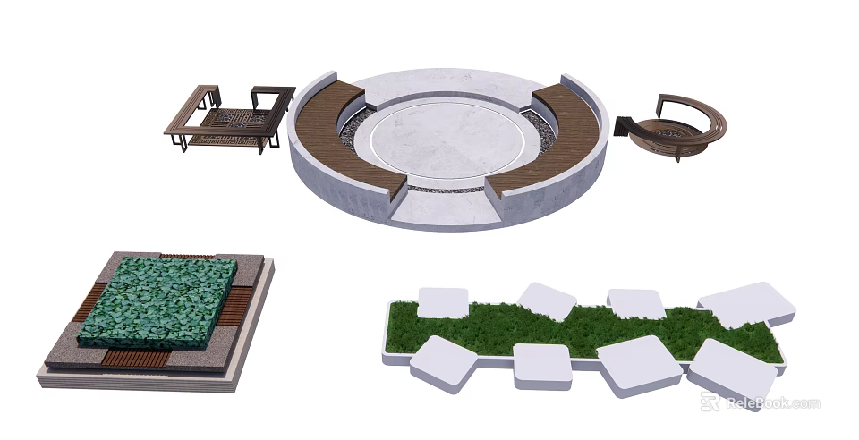 Modern Outdoor Chair Design Featuring Circular Wooden Concrete Seating With Grass And Stone Slabs 3d model 