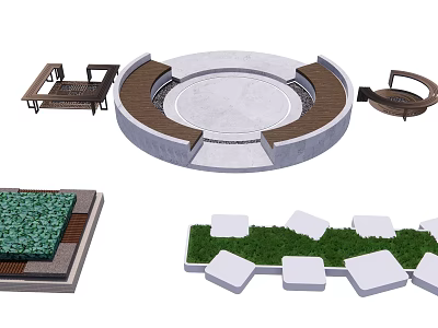Modern Outdoor Chair Design Featuring Circular Wooden Concrete Seating With Grass And Stone Slabs 3d model