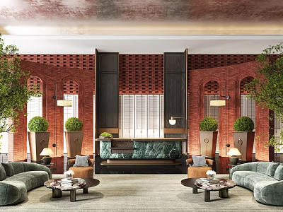 Elegant Hotel Lobby With Red Brick Walls Arched Windows Green Sofas And Potted Plants 3d model
