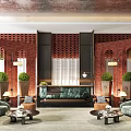 Elegant Hotel Lobby With Red Brick Walls Arched Windows Green Sofas And Potted Plants