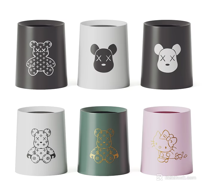 Public Facility Waste Bins Featuring Cartoon Patterns In Various Colors For Public Areas 3d model 