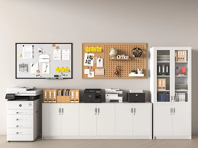 White Office Bookcase With Glass Doors Alongside File Cabinets And Wall Bulletin Boards 3d model