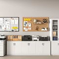 White Office Bookcase With Glass Doors Alongside File Cabinets And Wall Bulletin Boards