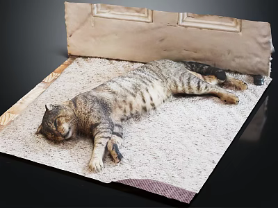 Adorable Tabby Cat Lying Comfortably On Soft Carpet With Beige Mat 3d model