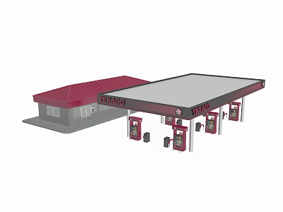 ESSO Gas Station Design With Red Roof Canopy And Fuel Pumps 3d model