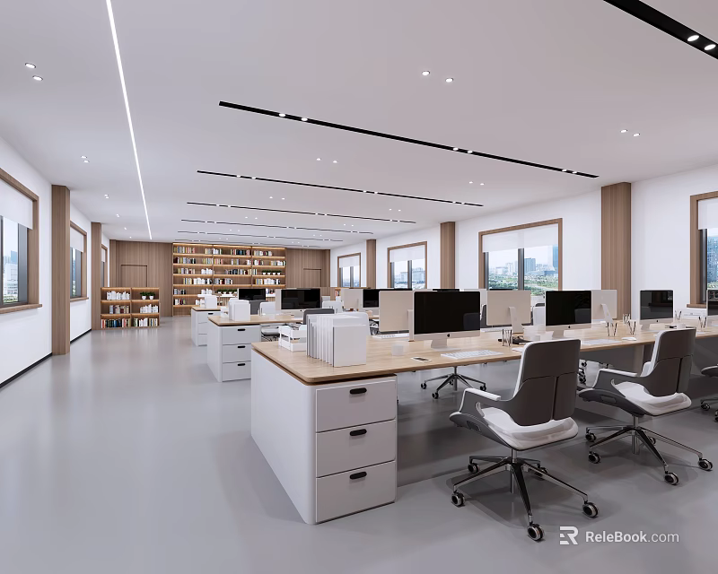 Public Office Space With Modern Open Layout Bright Windows Desks Computer Monitors And Ergonomic Chairs 3d model