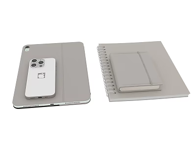 Gray Leather Digital Gadget Accessories Including Smartphone Tablet Case And Spiral Notebook 3d model