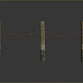 Wooden Rope Fence With Green Base Posts On Gray Reflective Surface 3d model