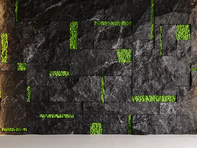 Modern Black Marble Background Wall With Square Shaped Green Plant Decorations For Contemporary Interior Design 3d model